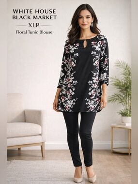 WHBM Floral Tunic Blouse XLP Black Stretch Long Sleeve Keyhole